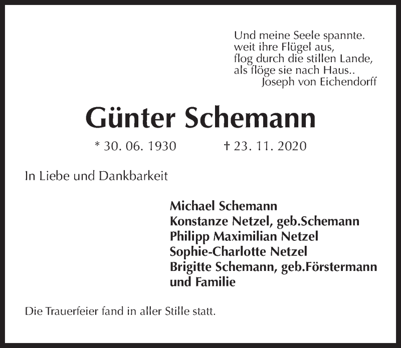  Traueranzeige für Günter Schemann vom 01.12.2020 aus Hannoversche Allgemeine Zeitung/Neue Presse