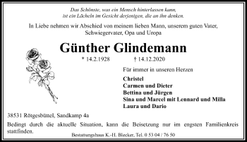 Traueranzeige von Günther Glindemann von Aller Zeitung