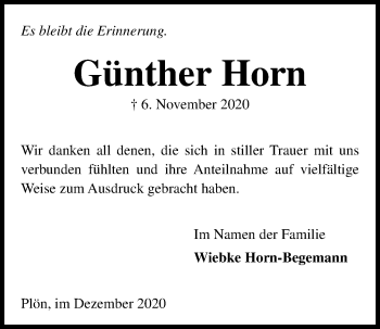 Traueranzeige von Günther Horn von Kieler Nachrichten