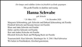 Traueranzeige von Hanna Schwabe von Lübecker Nachrichten