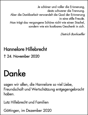 Traueranzeige von Hannelore Hillebrecht von Göttinger Tageblatt