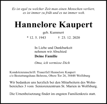 Traueranzeige von Hannelore Kaupert von Aller Zeitung