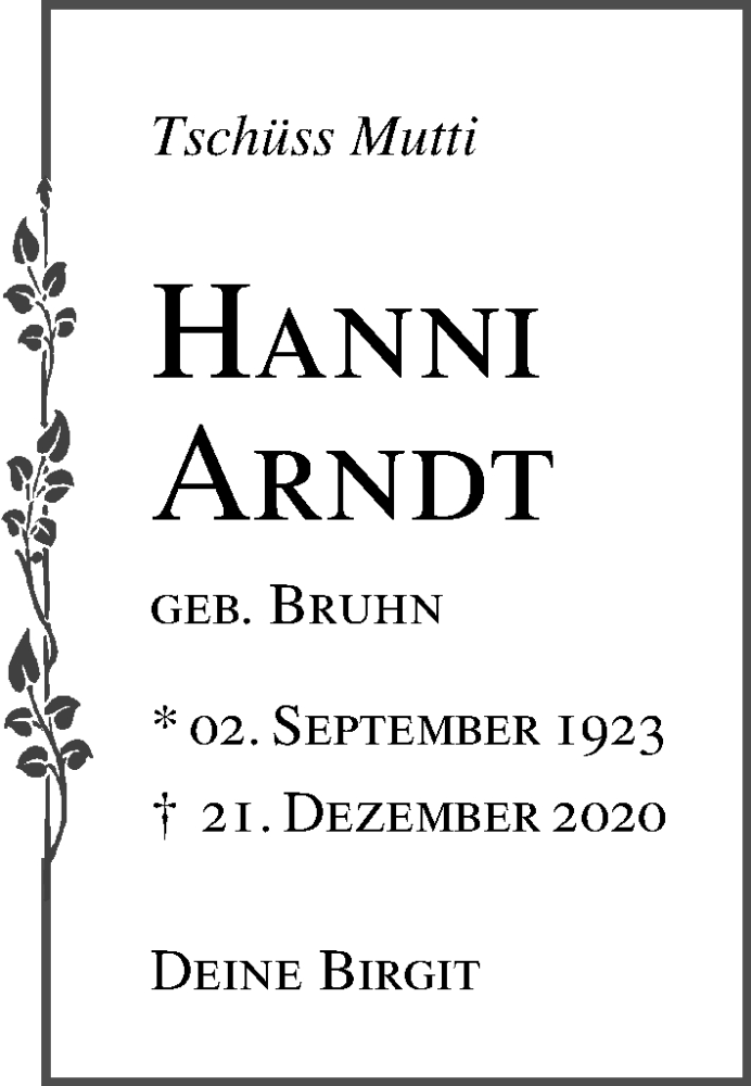  Traueranzeige für Hanni Arndt vom 25.12.2020 aus Lübecker Nachrichten