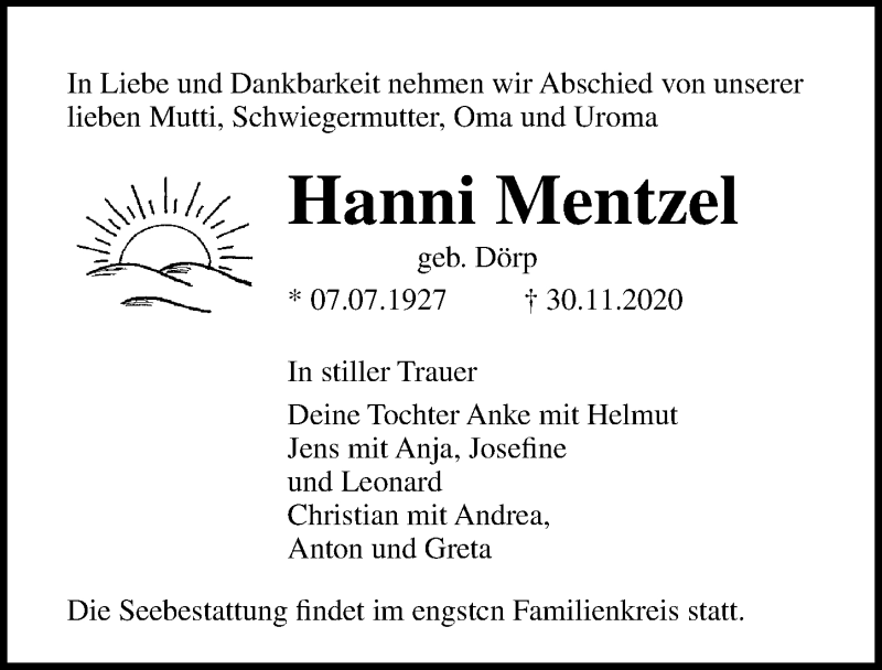  Traueranzeige für Hanni Mentzel vom 05.12.2020 aus Ostsee-Zeitung GmbH