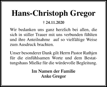 Traueranzeige von Hans-Christoph Gregor von Lübecker Nachrichten