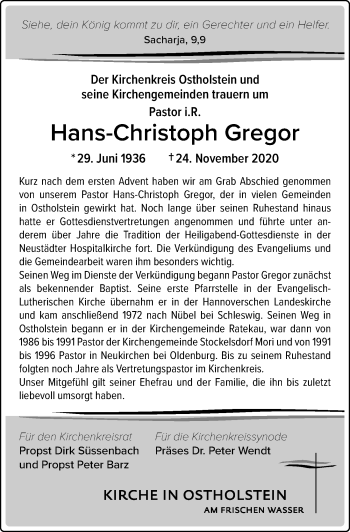 Traueranzeige von Hans-Christoph Gregor von Lübecker Nachrichten