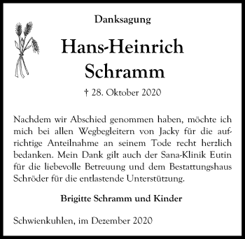 Traueranzeige von Hans-Heinrich Schramm von Lübecker Nachrichten