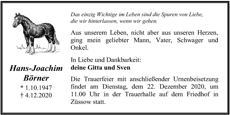  Traueranzeige für Hans-Joachim Börner vom 12.12.2020 aus Ostsee-Zeitung GmbH
