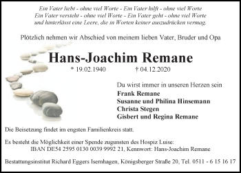 Traueranzeige von Hans-Joachim Remane von Hannoversche Allgemeine Zeitung/Neue Presse