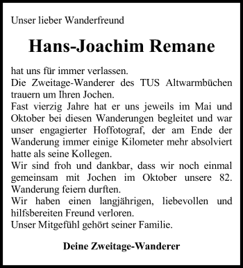 Traueranzeige von Hans-Joachim Remane von Hannoversche Allgemeine Zeitung/Neue Presse