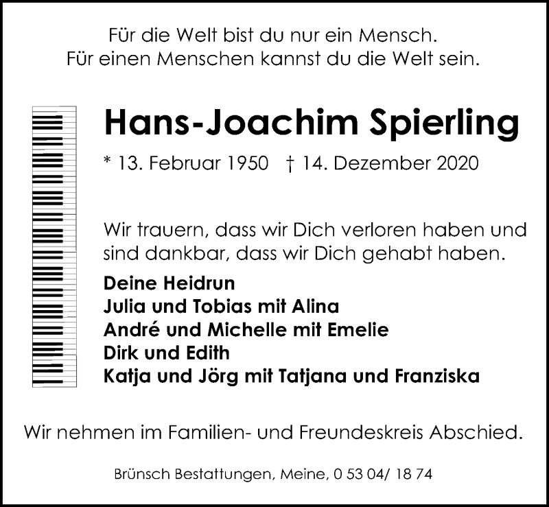  Traueranzeige für Hans-Joachim Spierling vom 18.12.2020 aus Aller Zeitung