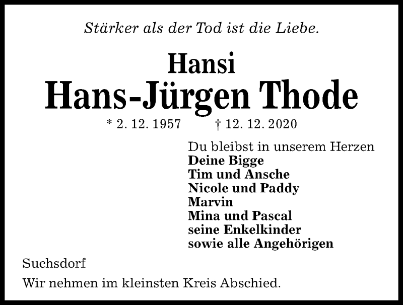  Traueranzeige für Hans-Jürgen Thode vom 19.12.2020 aus Kieler Nachrichten