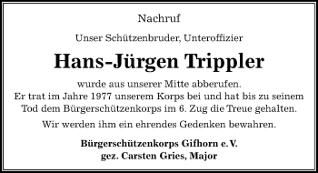Traueranzeige von Hans-Jürgen Trippler von Aller Zeitung
