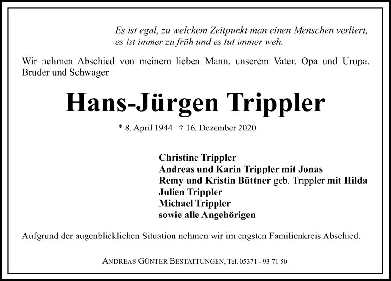  Traueranzeige für Hans-Jürgen Trippler vom 19.12.2020 aus Aller Zeitung