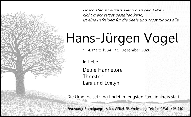  Traueranzeige für Hans-Jürgen Vogel vom 11.12.2020 aus Aller Zeitung