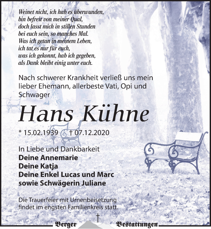 Traueranzeige für Hans Kühne vom 19.12.2020 aus Leipziger Volkszeitung