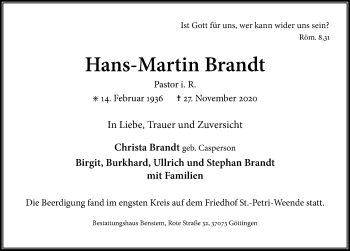 Traueranzeige von Hans-Martin Brandt von Göttinger Tageblatt