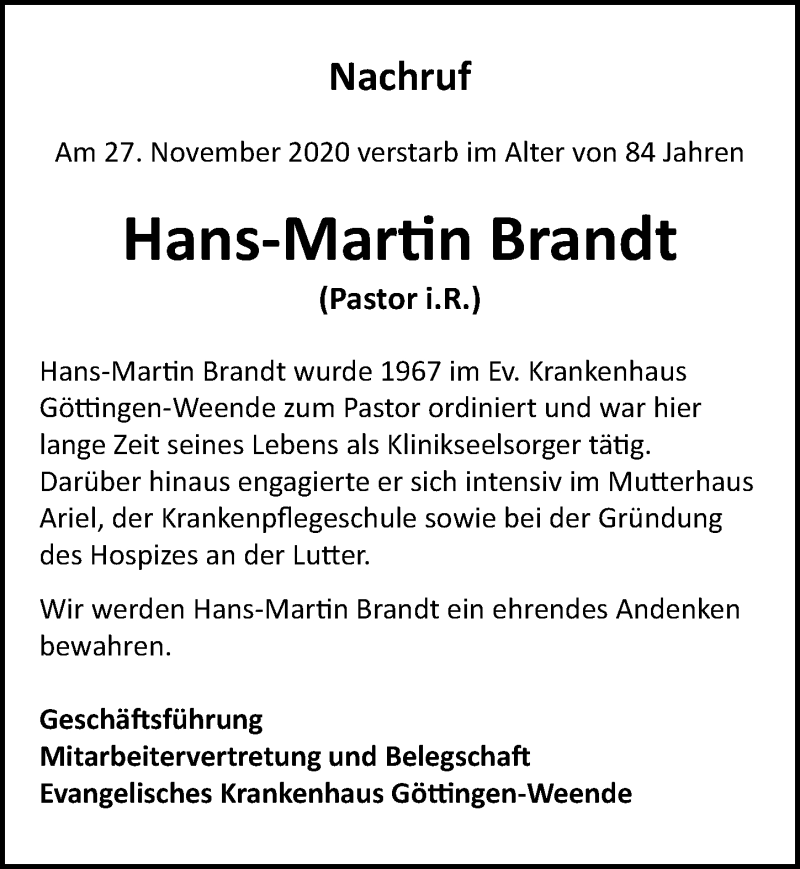  Traueranzeige für Hans-Martin Brandt vom 12.12.2020 aus Göttinger Tageblatt