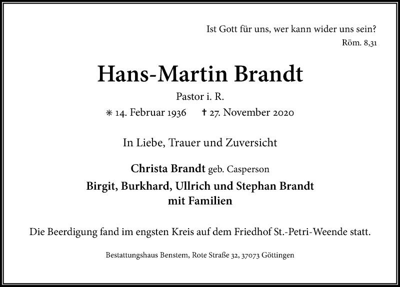  Traueranzeige für Hans-Martin Brandt vom 05.12.2020 aus Göttinger Tageblatt