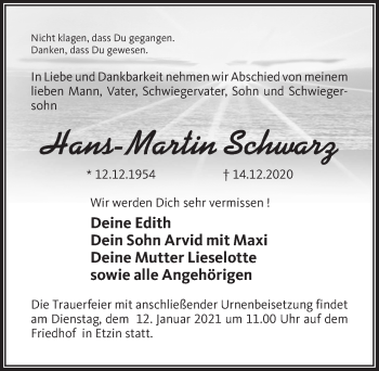 Traueranzeige von Hans-Martin Schwarz von Märkischen Allgemeine Zeitung