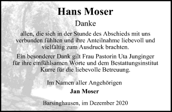 Traueranzeige von Hans Moser von Hannoversche Allgemeine Zeitung/Neue Presse