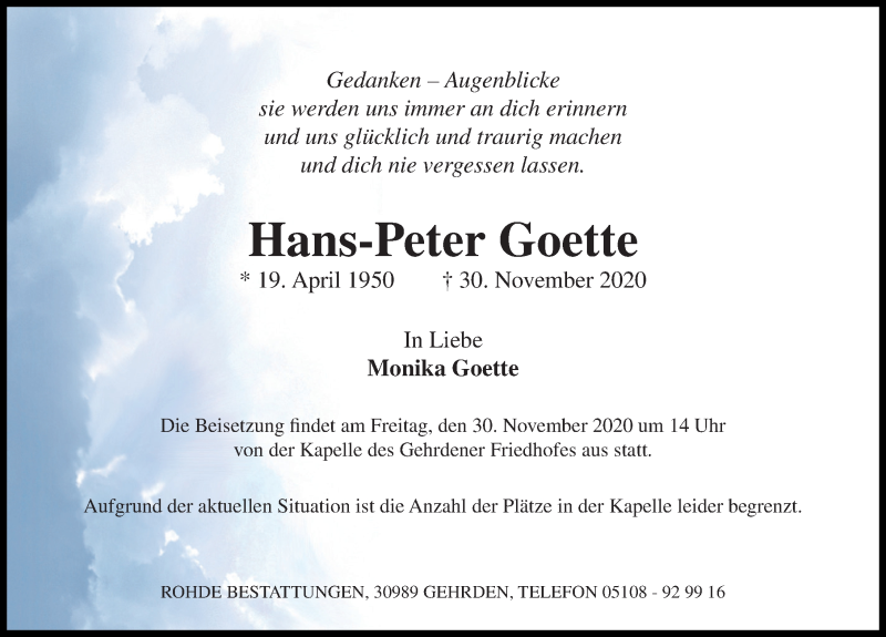  Traueranzeige für Hans-Peter Goette vom 05.12.2020 aus Hannoversche Allgemeine Zeitung/Neue Presse