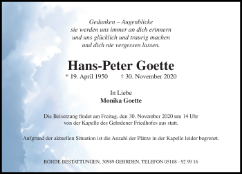 Traueranzeige von Hans-Peter Goette von Hannoversche Allgemeine Zeitung/Neue Presse