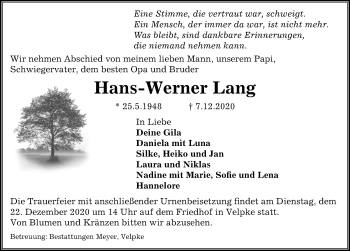 Traueranzeige von Hans-Werner Lang von Aller Zeitung