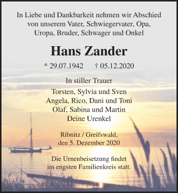 Traueranzeige von Hans Zander von Ostsee-Zeitung GmbH