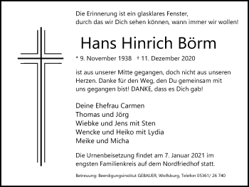 Traueranzeige von Hans Hinrich Börm von Aller Zeitung