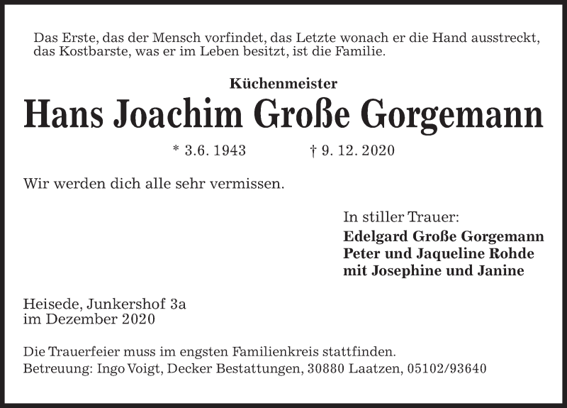  Traueranzeige für Hans Joachim Große Gorgemann vom 12.12.2020 aus Hannoversche Allgemeine Zeitung/Neue Presse