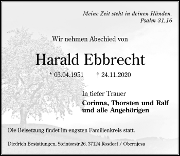 Traueranzeige von Harald Ebbrecht von Göttinger Tageblatt