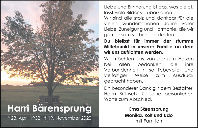  Traueranzeige für Harri Bärensprung vom 12.12.2020 aus Aller Zeitung