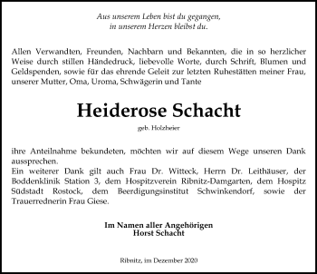 Traueranzeige von Heiderose Schacht von Ostsee-Zeitung GmbH