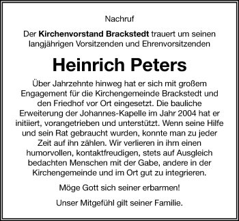 Traueranzeige von Heinrich Peters von Aller Zeitung
