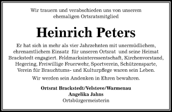 Traueranzeige von Heinrich Peters von Aller Zeitung