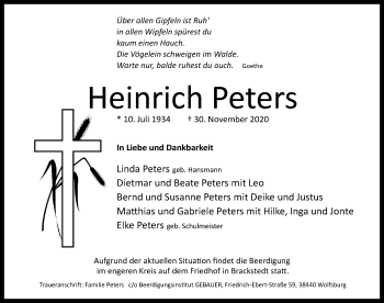 Traueranzeige von Heinrich Peters von Aller Zeitung