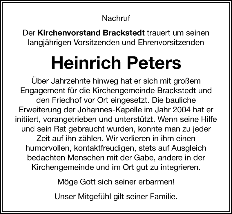  Traueranzeige für Heinrich Peters vom 12.12.2020 aus Aller Zeitung