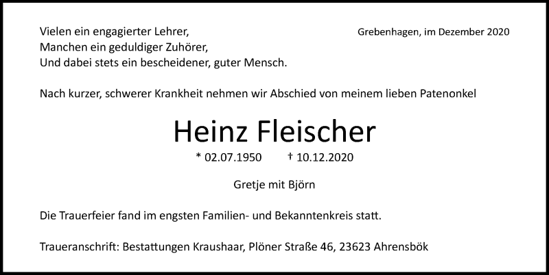 Traueranzeige für Heinz Fleischer vom 20.12.2020 aus Lübecker Nachrichten