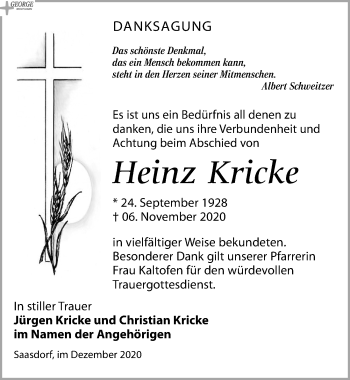 Traueranzeige von Heinz Kricke von Leipziger Volkszeitung