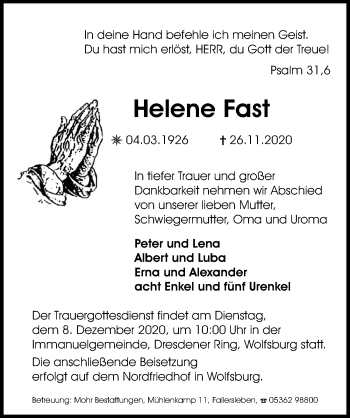 Traueranzeige von Helene Fast von Aller Zeitung