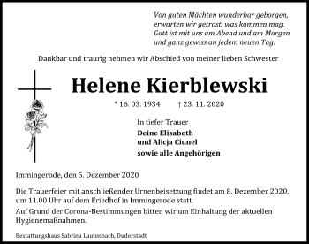 Traueranzeige von Helene Kierblewski von Eichsfelder Tageblatt