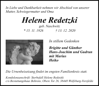 Traueranzeige von Helene Redetzki von Aller Zeitung