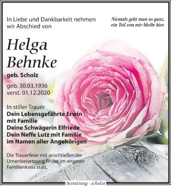 Traueranzeige von Helga Behnke von Leipziger Volkszeitung