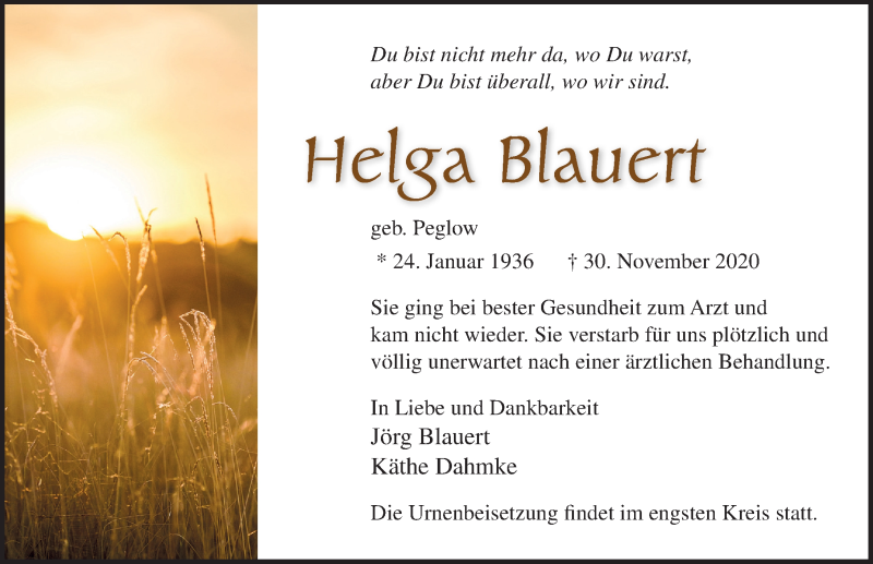  Traueranzeige für Helga Blauert vom 13.12.2020 aus Lübecker Nachrichten