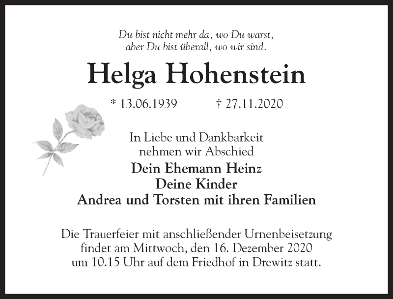  Traueranzeige für Helga Hohenstein vom 12.12.2020 aus Märkischen Allgemeine Zeitung