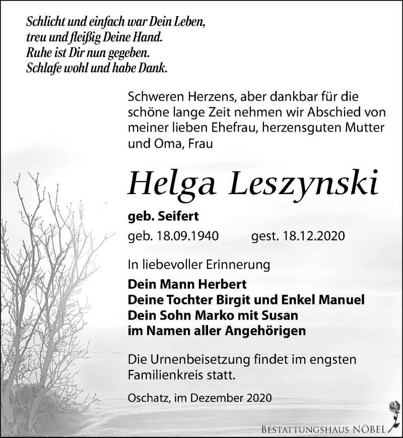  Traueranzeige für Helga Leszynski vom 24.12.2020 aus Leipziger Volkszeitung
