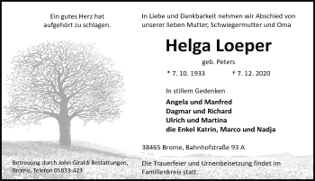 Traueranzeige von Helga Loeper von Aller Zeitung