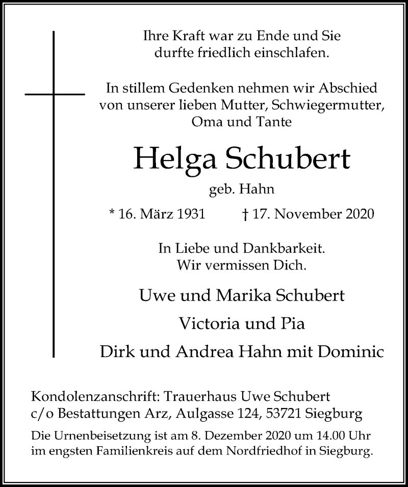  Traueranzeige für Helga Schubert vom 05.12.2020 aus Aller Zeitung