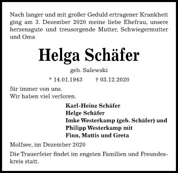 Traueranzeige von Helga Schäfer von Kieler Nachrichten